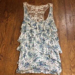 Floral and Lace Tank Top With Ruffles